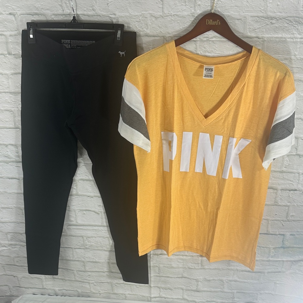 PINK Victoria's Secret Gold Tee with Black Leggings Set